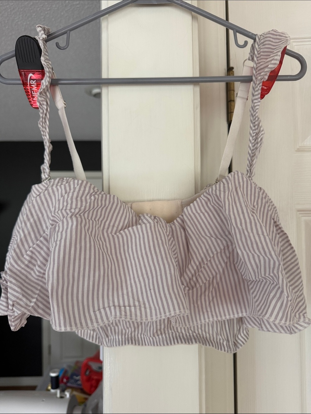 Victoria's Secret Striped Ruffle Bralette in Light Gray and White